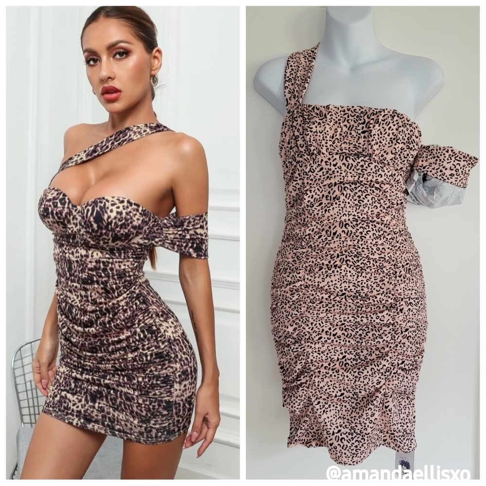 DO MY SELF Ruched One Shoulder Leopard Cheetah Print Bodycon Balconette Dress